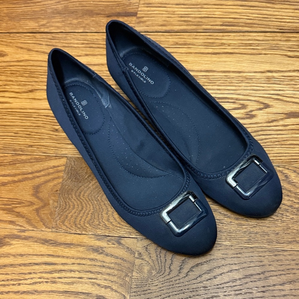 Bandolino Tad Women's Navy Blue Nylon and Patent Wedge Pump with Buckle, Size 10